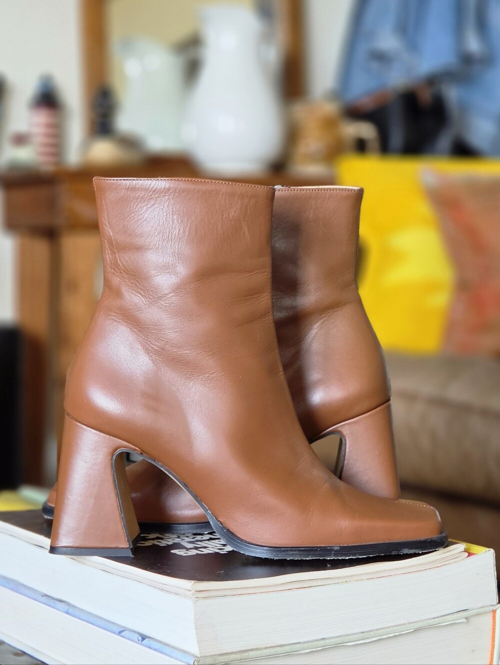 Ana Palma Brown Leather Ankle Boots - Scuptural Block Heel & Square Toe